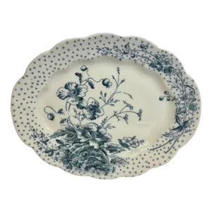 Antique Sampson Hancock Aesthetic Movement Blue Poppy Pattern Serving Platter With Scalloped Edges From England - Circa 1885