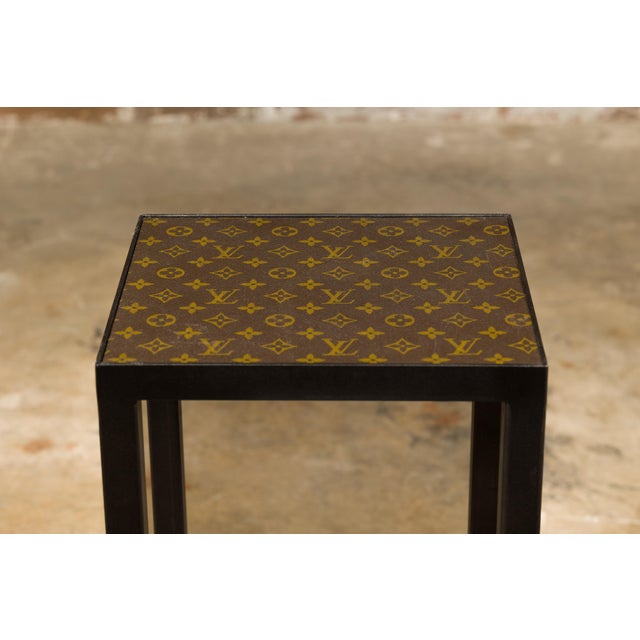 Louis Vuitton Leather Top Small Side Table with Custom Metal Base and Stretchers For Sale - Image 11 of 12