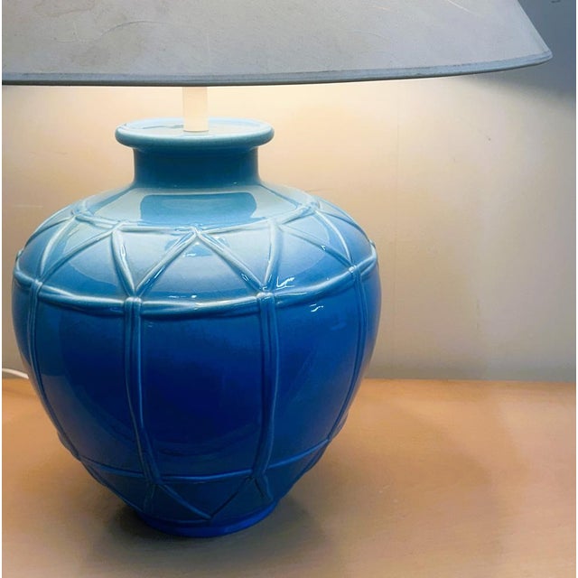 French Ceramic Lamp with Blue Glazed Base from Louis Drimmer, France, 1980s For Sale - Image 4 of 10