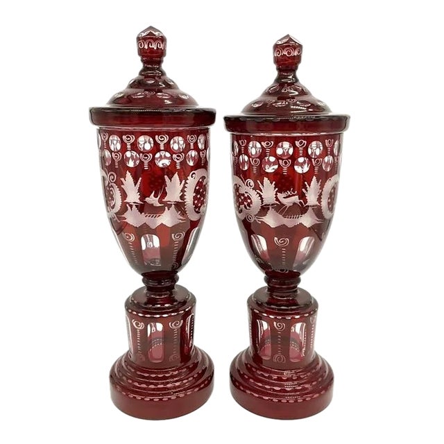 Early 20th Century Bohemian Red Cut to Clear Crystal Lidded Urn Vase For Sale