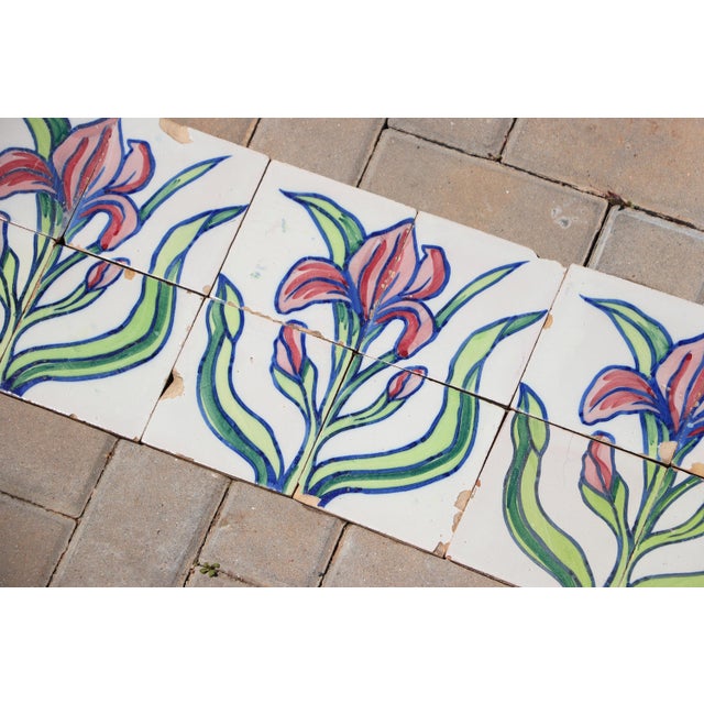 1900s Antique Portuguese Art Nouveau Tile Frieze With Stylized Iris Motif For Sale - Image 4 of 10