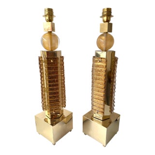 Contemporary Pair of Brass and Murano Glass Blade Robot Lamps, Italy For Sale