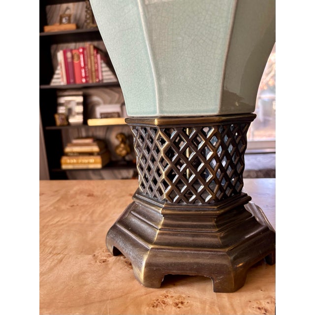 Vintage Morris Greenspan Hollywood Regency Ceramic Pierced Bronze Celadon Lamps - a Pair For Sale - Image 9 of 9