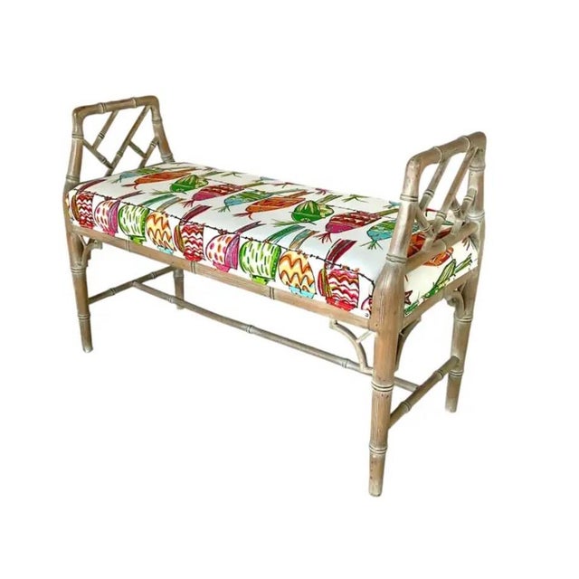 Wood Vintage Faux Bamboo Upholstered Bench, Hollywood Regency, Mid 20th Century For Sale - Image 7 of 12