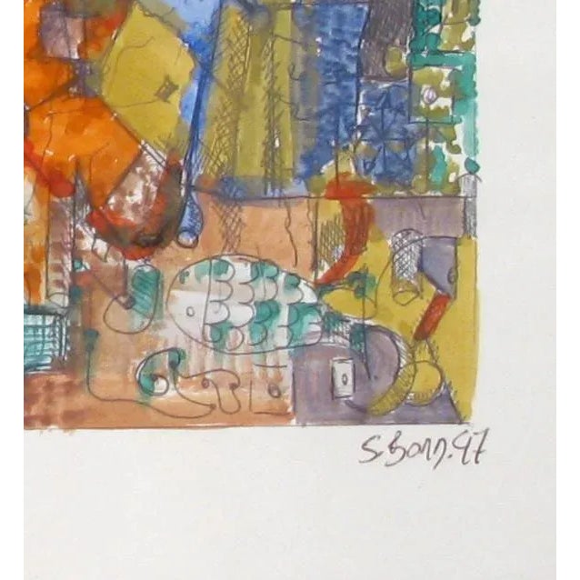 Colorful abstract watercolor on paper discovered at an antique market in Provence. Signed lower right, "S. Bord. '97"....