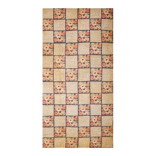 1880s Rustic Blue Ground Modern Geometric Folk Art Antique American Hooked Rug For Sale