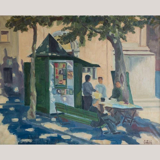 Català, European Street Scene with Newspaper Kiosk, Mid-20th Century, Oil Painting on Canvas, Framed For Sale - Image 11 of 11