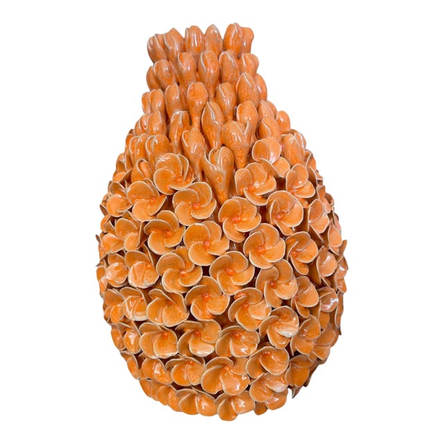 Vintage Mid-Century Italian Ceramic Floral Blossom Vase – Vibrant Orange Glaze For Sale