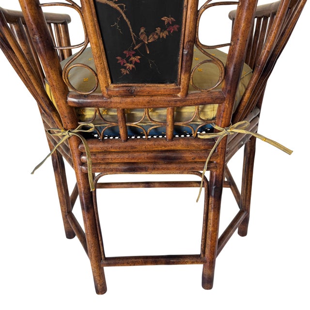 Wood Late 20th Century Attributed to Theodore Alexander Chinoiserie Bamboo Pavilion Armchairs With Custom Silk Down Cushions For Sale - Image 7 of 16