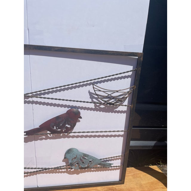 1980s Faux Bronze Hanging Garden Art Sculpture Aged Steel Birds Outdoor Rust Blue Green For Sale - Image 4 of 4