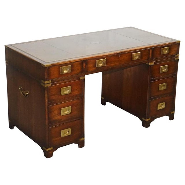 Military Campaign Twin Pedestal Desk with Aged Green Leather Top from Bevan Funell For Sale - Image 14 of 14