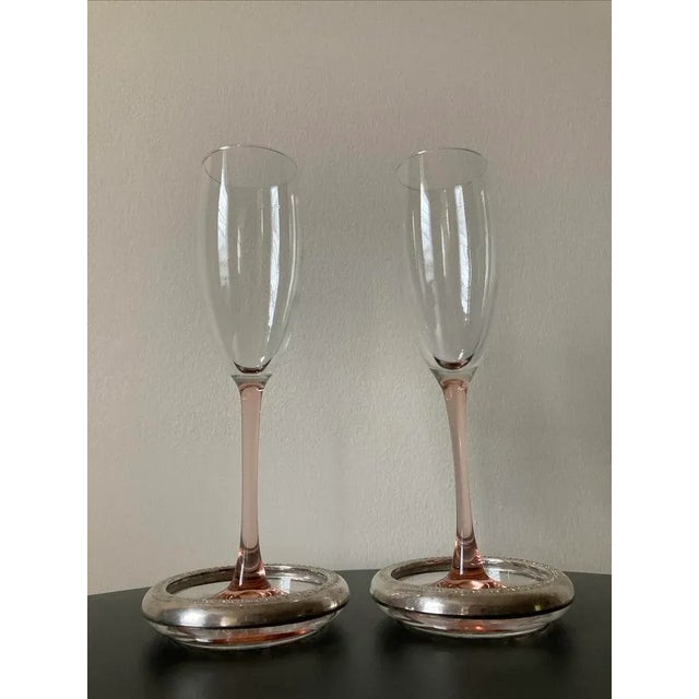 Pink Vintage Crystal Glass Pink Stem Champagne Drinks Flutes - Set of 2 For Sale - Image 8 of 12