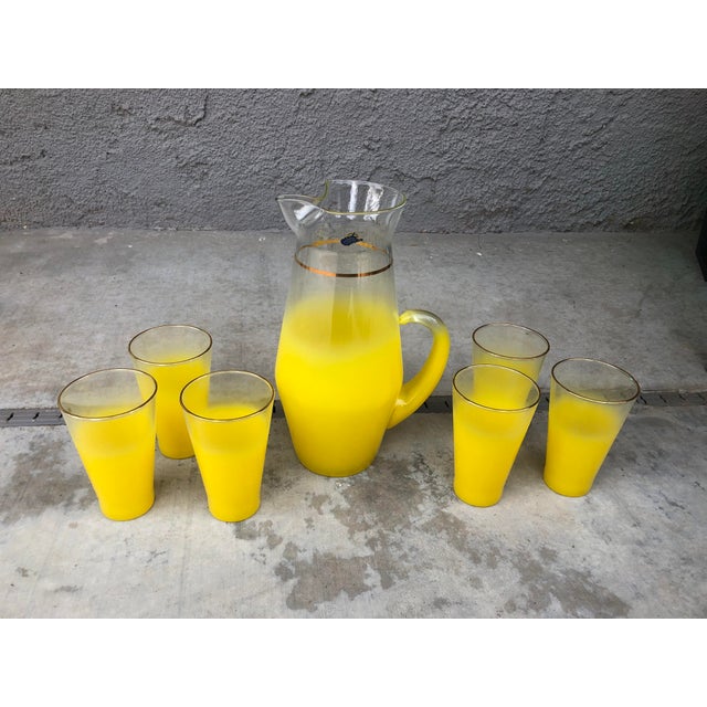 Vintage West Virginia Glass Blendo Yellow Pitcher and Six Glasses Set from the 1960s in great condition with minimal wear...