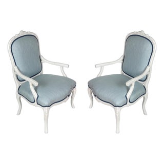 Pair of White Faux Bois Armchairs With Pierre Frey Blue Upholstery For Sale
