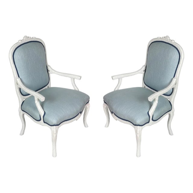 Pair of White Faux Bois Armchairs With Pierre Frey Blue Upholstery For Sale