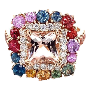 4.22 Carat Pink Morganite Diamond Sapphire Rose Gold Cocktail Ring, Size 7