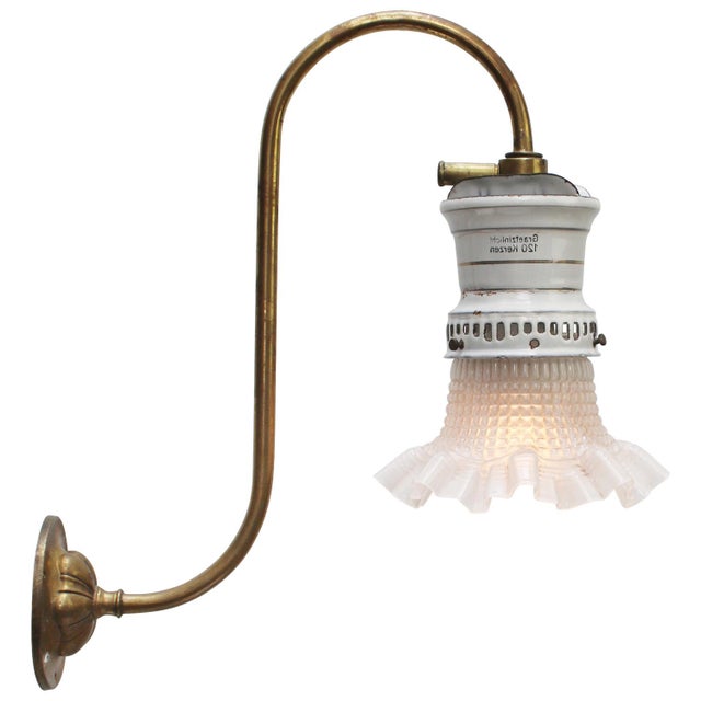German Holophane Glass Brass and Enamel Converted Gas Wall Lamp, 1900s For Sale - Image 4 of 6