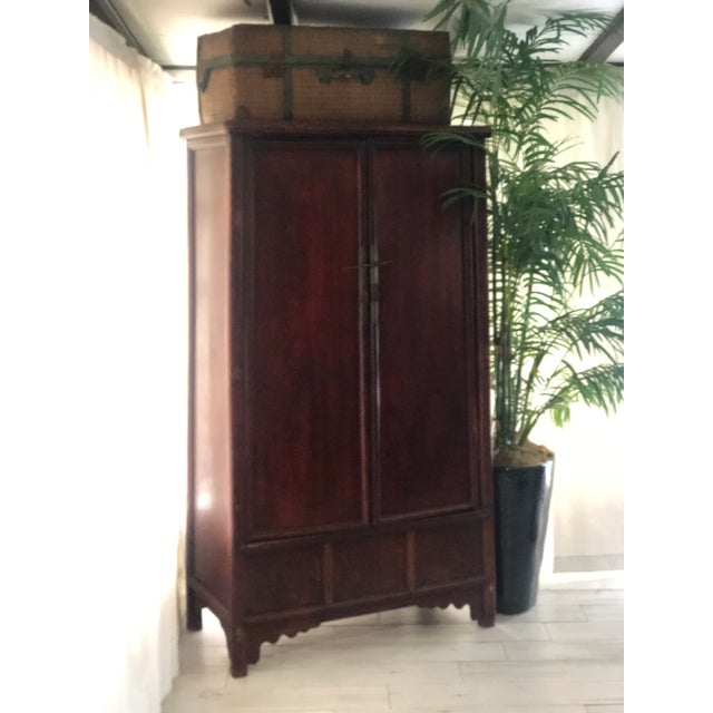 Wood Antique Chinese Chinoiserie Red Lacquer Armoire Cabinet For Sale - Image 7 of 13