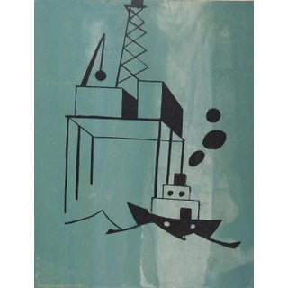 Vintage Mid Century Industrial Ship & Offshore Oil Drilling Rig Scene Serigraph For Sale