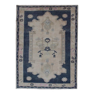 Blue and Cream Medallion Vintage Turkish Hand Knotted Oushak Rug With Tribal Geometric Design For Sale