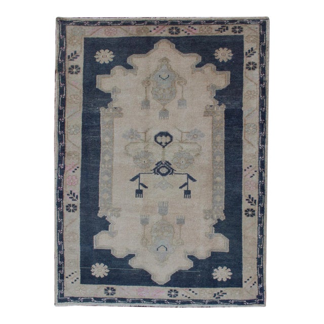 Blue and Cream Medallion Vintage Turkish Hand Knotted Oushak Rug With Tribal Geometric Design For Sale