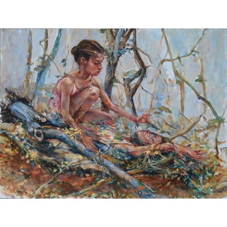 Bequeathing of the Terroir by Jaclyn Alderete | Oil on board Girl interacting with a figure in nature. For Sale