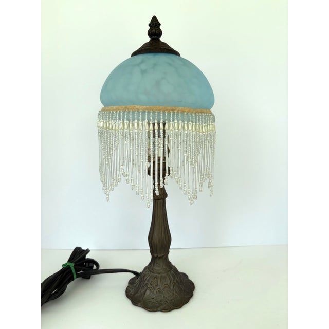 Metal 1940s Art Nouveau Boudoir Lamp With Blue Satin Glass Shade & Beaded Fringe 15-1/2” For Sale - Image 7 of 7