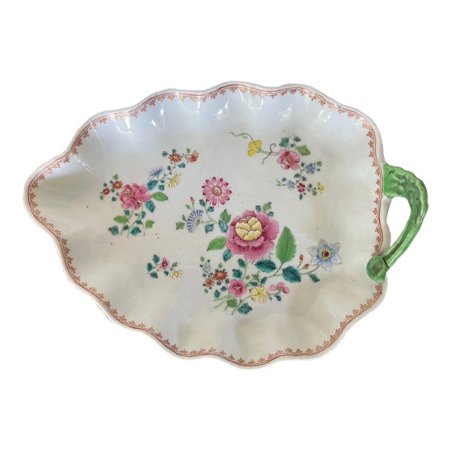 Antique 18th Century Chinese Export Porcelain Tobacco Leaf Platter Dish in Famille Rose Palette For Sale