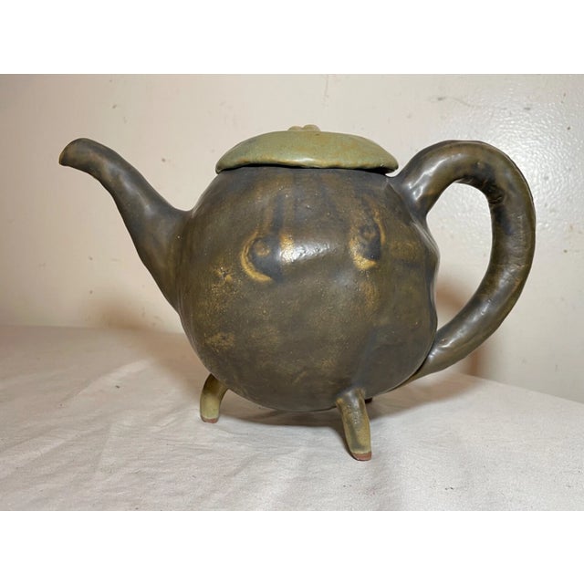 Antique Signed Japanese 3 Piece Studio Green Pottery Teapot Set Sugar Creamer For Sale - Image 11 of 18