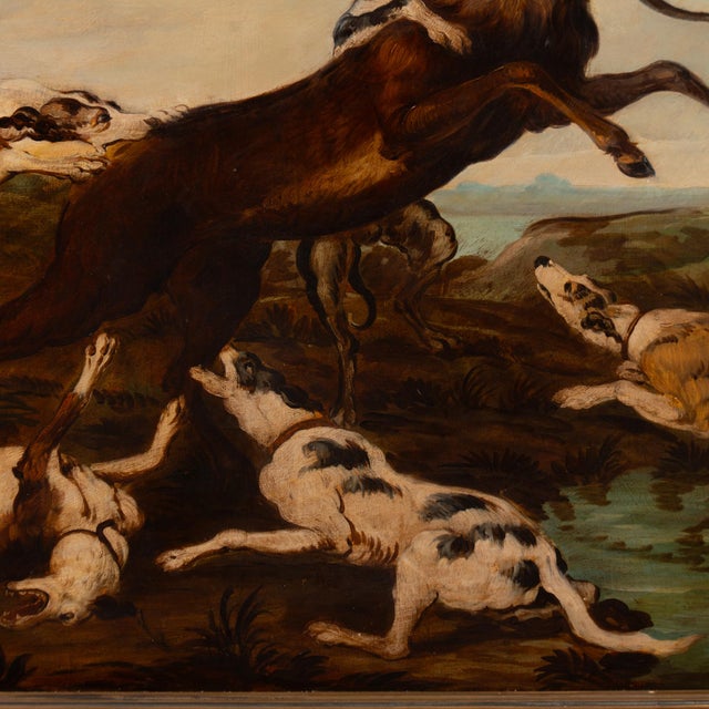 Brown Mid 19th Century Large Original Oil on Canvas of "The Stag Hunt," Spain For Sale - Image 8 of 10