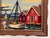 Description Vintage hand-stitched needlepoint depicting a coastal harbor with a fishing boat, red boathouse, and...