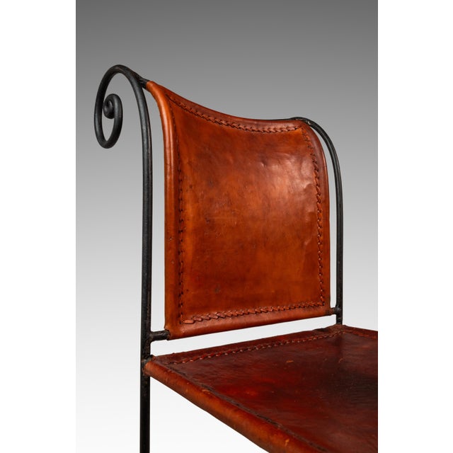Set of Two (2) Counter Height Wrought Iron Spanish Hacienda Barstools With Hand-Worked Full Grain Leather, C. 1960s For Sale - Image 16 of 18