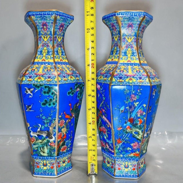 Pair of Chinese Hexagonal Blue Ground Famille Rose Peacock & Bird Porcelain Vases, Chinoiserie Decor Vessels For Sale In New York - Image 6 of 9