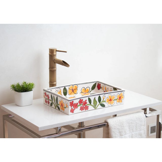 Ceramic Custom Made Mini Rectangular Floral Bathroom Sink, Handmade Washbasin, Hand-Painted Vessel Sink For Sale - Image 7 of 10