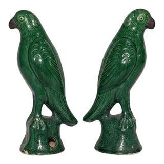 Pair of Antique Green Glazed Sancai Chinese Parrots For Sale