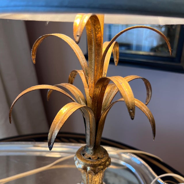 1950s Gorgeous pair of two vintage Florentine giltwood and tole lamps // carved wood and metal palm style lamp bases // gilt and gesso // Italian For Sale - Image 5 of 9