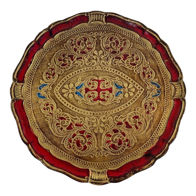 Large Mid 20th Century Red and Gold Round Italian Florentine Decorative Tray For Sale
