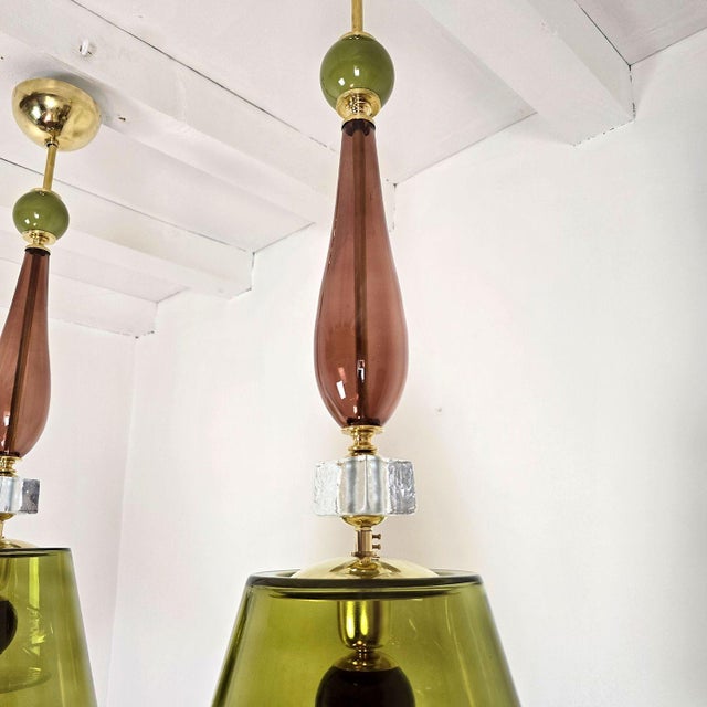 Metal Pair of Olive Green Murano Pendant Lights, Italy For Sale - Image 7 of 12