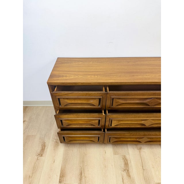 Vintage MCM Nine Drawer Dresser With Bowtie Inlay Retro Walnut Bedroom Storage For Sale - Image 9 of 9