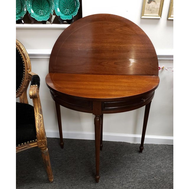 Sheraton-Style Mahogany & Satinwood Flip-Top Game Table With Swing-Out Drawers For Sale - Image 10 of 10
