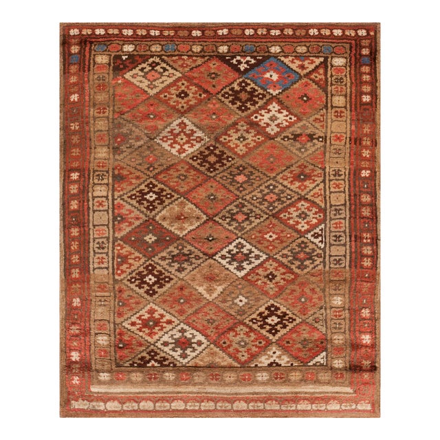 1880s Red Rust Geometric Tribal Antique W. Persian Kurdish Rug 4'6" X 5'4" Handknotted Wool Carpet For Sale