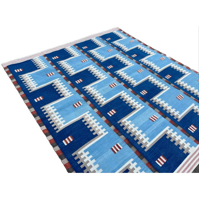 Textile Handwoven Cotton Area Rug, Natural Vegetable Dyed, Blue, Beige, Cream & Red Geometric Dhurrie - 6'x9' For Sale - Image 7 of 10