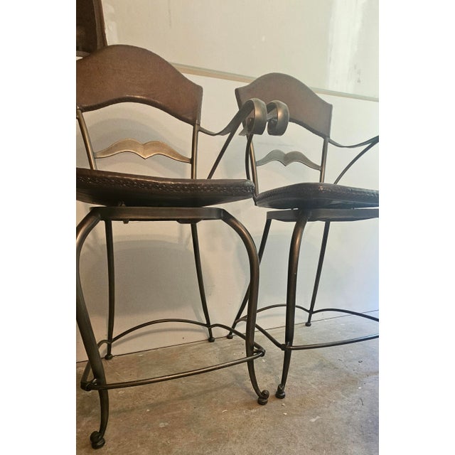Late 20th Century A Perfect Pair of Swivel Maynard Leather and Brass Bar/Counter Stools For Sale - Image 4 of 4