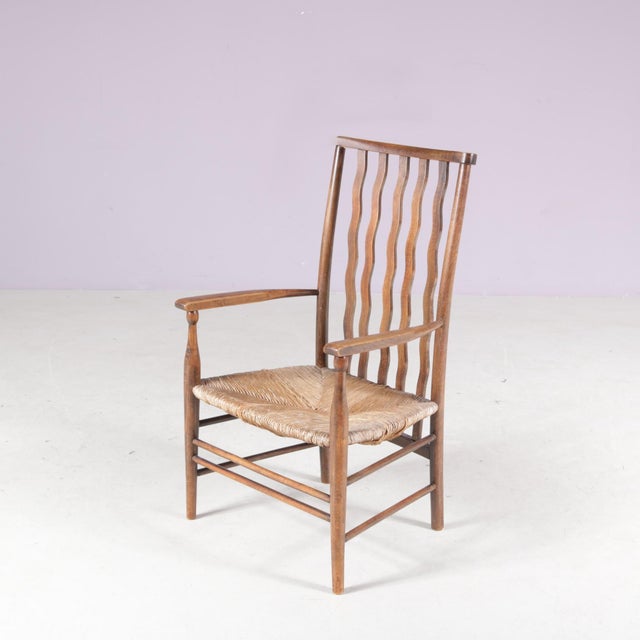 Small Arts & Craft Movement Low Spindlers Back Hearth Side Chair with Wicker Seat by Morris & Co for Liberty and Co Stowaway, London, 1930s For Sale - Image 12 of 12