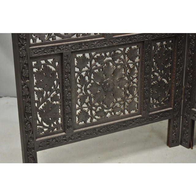 Vintage Anglo Indian Carved Teak Wood 4 Panel Room Divider Folding Screen For Sale - Image 12 of 15