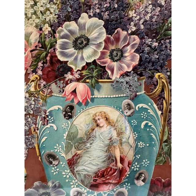Elaborate antique-style Victorian scrapwork collage composed of layered chromolithograph cutouts, featuring a large...