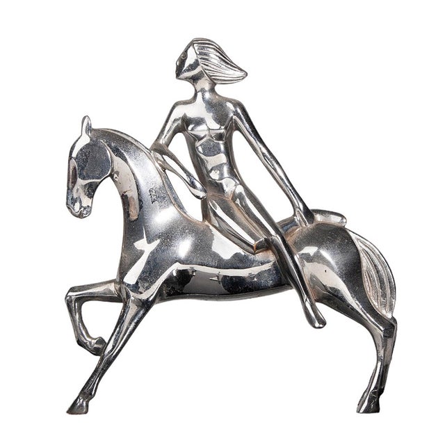 Metal Early 20th Century French Art Déco Metal Desk Tidy With Woman Horseriding, Pen Holder and a Pair of Inkwells For Sale - Image 7 of 8