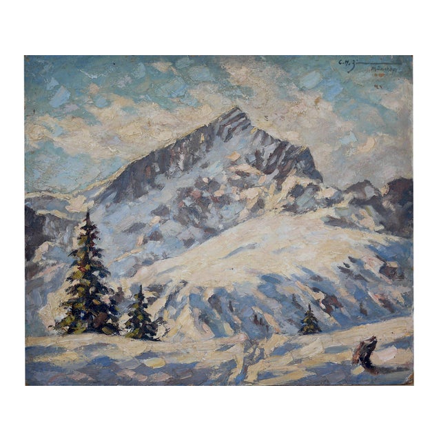 Winter on the Alpspitze, Bavarian Alps Early 20th-century alpine painting depicting a snow-covered mountain landscape,...