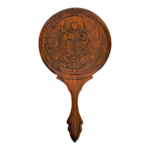 Early 20th Century Arts & Crafts Carved Hand Mirror, Egyptian Revival Scarab Design