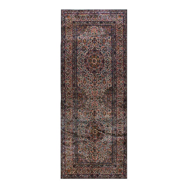 1920s Antique Floral Handknotted Wool Persian Kerman Hallway Runner Carpet Rug For Sale